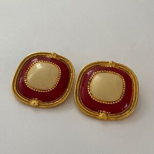 Etruscan style enamel Vintage Gold and Red Statement clip Earrings